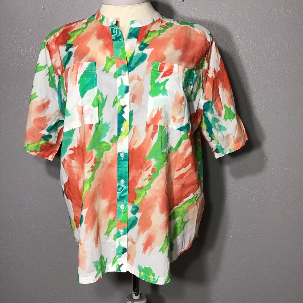 NYDJ BLOUSE Sz 1X WOMENS MULTICOLOR  V-NECK SHORT SLEEVE PLEATED BACK - Picture 2 of 10